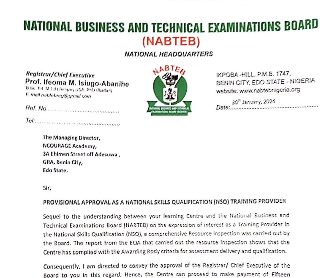 NABTEB letter of approval addressed to ncourage Academy, dated 30 January 2024